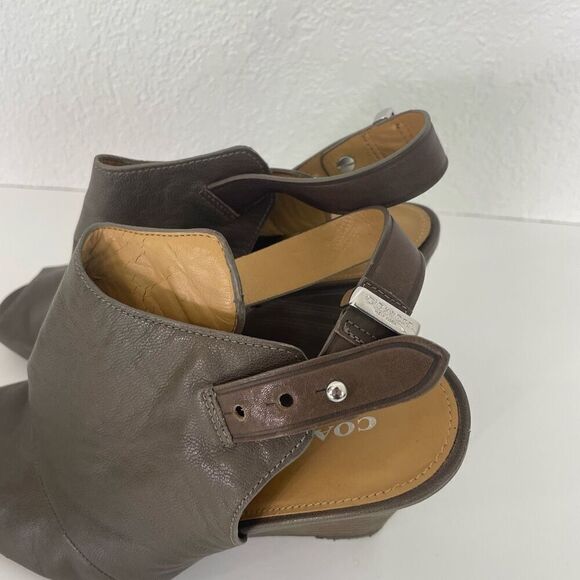 Coach Grey Leather High Heel Wedge Peep Toe Sandals - Picture 3 of 9